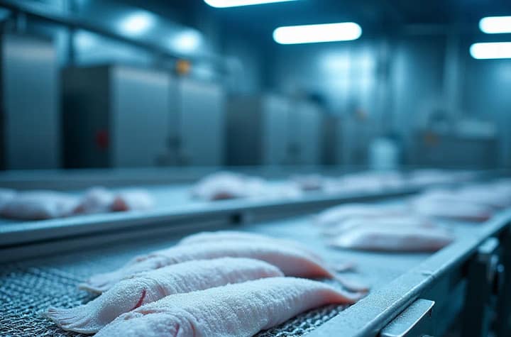 Nastro trasportatore in acciaio inox per surgelazione prodotti ittici con formazione di brina sulla superficie metallica