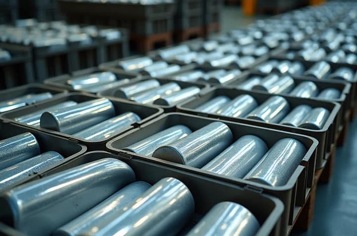 Componenti in plastica galvanizzata imballati su pallet con luce radente che evidenzia micrograffi