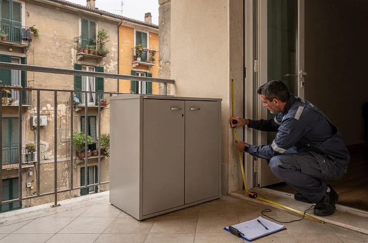 Tecnico che misura un balcone per verificare gli ingombri di un armadio da esterno vicino al parapetto